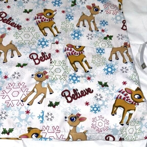 Rudolph The Red-Nosed Reindeer Womens XS V-Neck Holiday Scrub Top Snowflake & Be - Picture 4 of 6